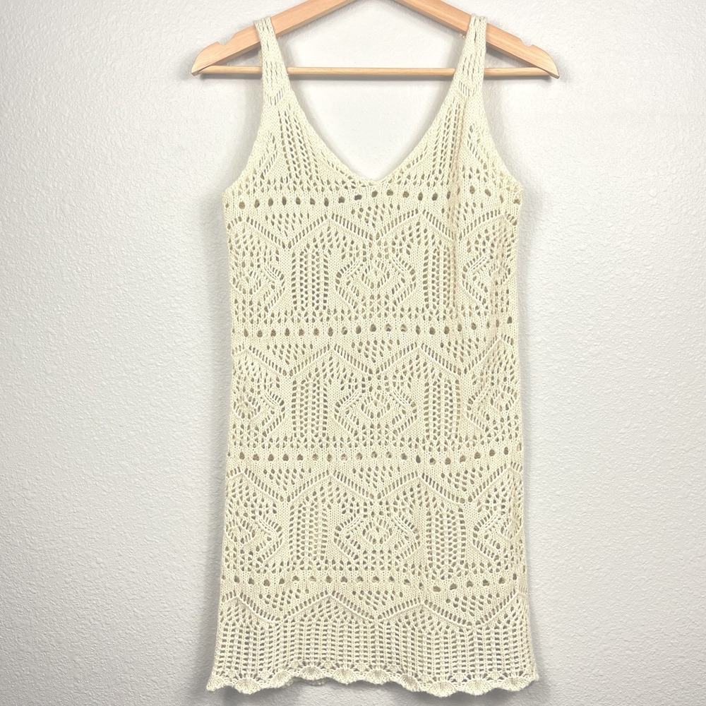 Urban Day Boho Cream Crochet Knit Mini Dress Coverup Sz Small Festival Coquette